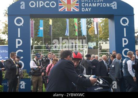 Ascot, Berkshire, Großbritannien. Oktober 2024. KYPRIOS mit Jockey Ryan Moore gewinnt beim British Champions Day den QICPO British Champions Long Distance Cup, Gruppe 2, British Champions Series, Klasse 1 auf der Ascot Racecourse. Besitzer Moyglare, Trainer Aidan O’Brien, Irland, Züchter Moyglare Stud Farm Ltd Quelle: Maureen McLean/Alamy Live News Stockfoto