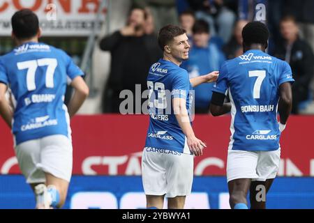 Genk, Belgien. Oktober 2024. Genks Jarne Steuckers feiert nach einem Torschuss während eines Fußballspiels zwischen KRC Genk und STVV am Sonntag, den 20. Oktober 2024 in Genk, am 11. Tag der Saison 2024-2025 der ersten Liga der „Jupiler Pro League“ der belgischen Meisterschaft. BELGA FOTO BRUNO FAHY Credit: Belga News Agency/Alamy Live News Stockfoto