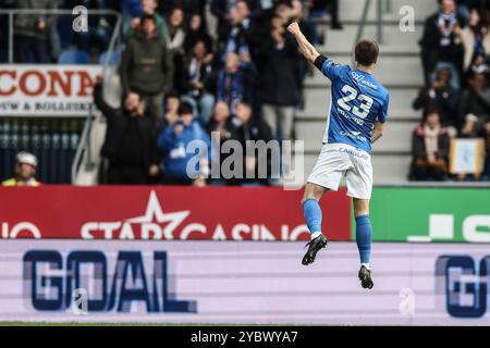 Genk, Belgien. Oktober 2024. Genks Jarne Steuckers feiert nach einem Torschuss während eines Fußballspiels zwischen KRC Genk und STVV am Sonntag, den 20. Oktober 2024 in Genk, am 11. Tag der Saison 2024-2025 der ersten Liga der „Jupiler Pro League“ der belgischen Meisterschaft. BELGA FOTO BRUNO FAHY Credit: Belga News Agency/Alamy Live News Stockfoto