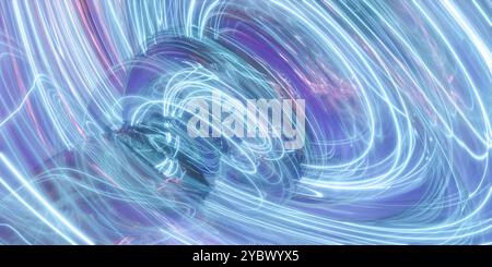 Abstrakte digitale Kunst mit wirbelnden blauen und violetten Lichtwegen. Stockfoto