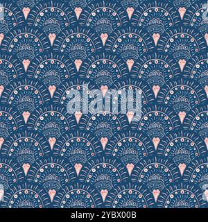 Nahtloses Muster mit abstraktem Muschelmuster mit Blumenmuster. Boho Stil Bogendekoration endloser Hintergrund. Folk Repeat Cover. Blaues und rosafarbenes durchgehendes Ornament. Vektor handgezeichnet flache Illustration. Stock Vektor