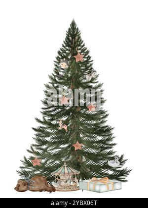 Aquarellillustration des Weihnachtsbaums. Urlaubskarte. Handgezeichneter immergrüner Vintage-Baum mit einem Bären, einem Nussknacker, einer Geschenkbox und Vintage-Spielzeug Stockfoto