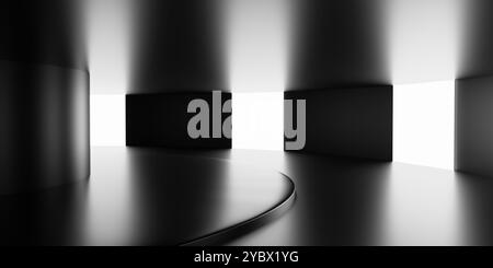 Ein minimalistischer, abstrakter Innenraum mit glatten, geschwungenen Oberflächen und kontrastierenden hellen und dunklen Bereichen. Das Design betont Schatten und Reflexe Stockfoto