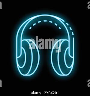 Kopfhörer mit blauem Neonschild auf schwarzem Hintergrund, ideal für Musikliebhaber und Audiophile Stock Vektor