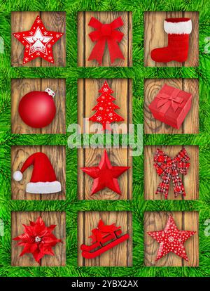Collage und Weihnachtsdekoration auf hölzernem Hintergrund mit Tannenzweigen Stockfoto