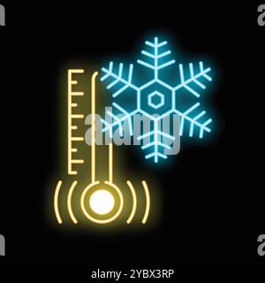 Neonsymbol eines Thermometers, das niedrige Temperaturen mit Schneeflocke auf dunklem Hintergrund anzeigt Stock Vektor