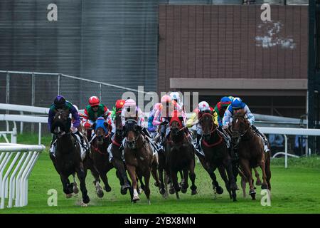 Hongkong, China. Oktober 2024. Jockeys treten auf der Sha Tin Racecourse an. Die SHA Tin Racecourse ist eine der beiden Pferderennen in Hongkong. Es befindet sich in Sha Tin und wird vom Hong Kong Jockey Club verwaltet. (Kreditbild: © Keith Tsuji/ZUMA Press Wire) NUR REDAKTIONELLE VERWENDUNG! Nicht für kommerzielle ZWECKE! Stockfoto