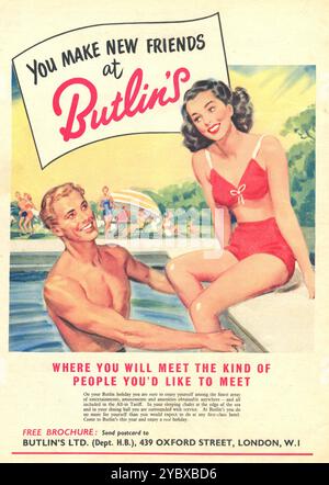 John Bull Magazine, Großbritannien, vom 24. Januar 1953. Farbwerbung für Butlins Ferienlager; glückliches junges Paar im Schwimmbad, „neue Freunde bei Butlins finden. . Sozialgeschichte, Mode, kommerzielle Illustration, 50er Jahre Stockfoto