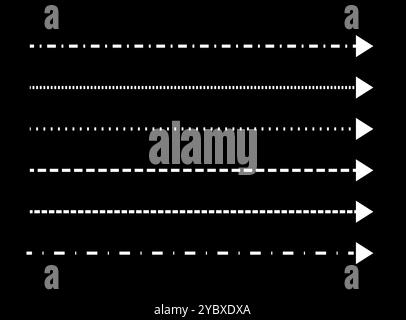 Gerader Langer Pfeil. Navigationselemente. Illustration der Vektorabwicklung. Satz weißer gestrichelter Zeiger, isoliert auf schwarzem Hintergrund. Einfache Symbole für Stock Vektor
