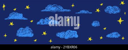 Set aus abstrakten Bleistiftwolken und goldenen Sternen. Handgezeichneter Cartoon bewölkter Nachthimmel. Vektor-Illustration der Sammlung von blauem Wirbel auf blauem Hintergrund Stock Vektor