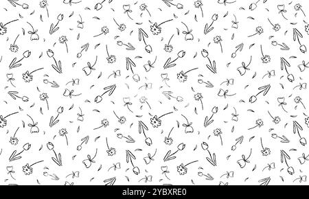 Einfarbiges nahtloses Vektormuster mit einfachen Blumen. Schwarze botanische Elemente mit Wachsstift auf Tafel. Vektor floraler Hintergrund für Stock Vektor