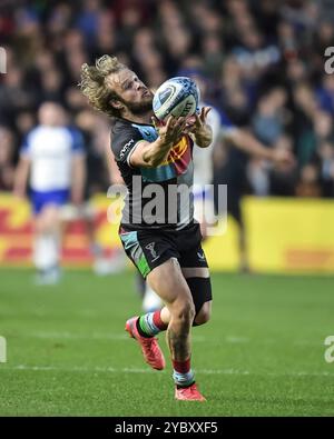 Tyrone Green von Harlequins in Aktion während des Gallagher Premiership-Spiels zwischen Harlequins gegen Bath Rugby, The Stoop, Twickenham, London UK am Samstag, den 19. Dezember 2024. Foto von Gary Mitchell Stockfoto