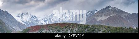 Malerisches Landschaftspanorama über dem Rama-See mit Chongra-Gipfel im Hintergrund an bewölktem Tag, Astore, Gilgit-Baltistan, Pakistan Stockfoto