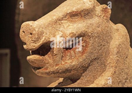 LIfesisierte Statue des Wildschweins mit bemalten Flächen, die 2023 auf der UNESCO-Stätte Gobekli Tepe aus dem frühen Neolithikum gefunden wurde und im Archäologischen Museum Sanliurfa im Südosten der Türkei ausgestellt wurde Stockfoto
