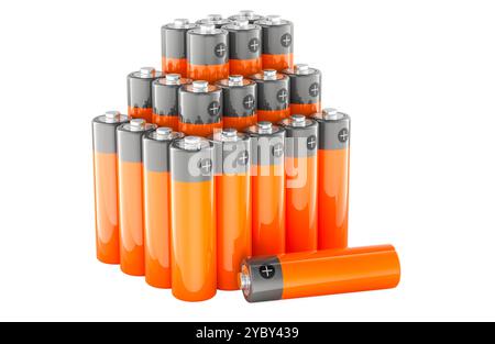 Batteriesatz AA- oder AA-Akkus, 3D-Rendering isoliert auf weißem Hintergrund Stockfoto