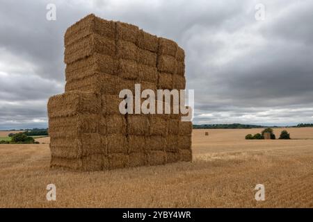 Stacked hay bales in harvested wheat field under grey sky, Berkshire, UK Stockfoto