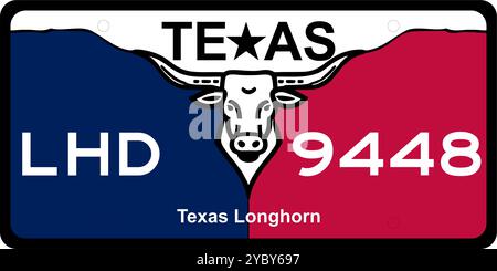 Texas Nummernschilddesign mit dem Texas Star und dem legendären Texas Longhorn – perfekt für Souvenirs, Autohusiasten und Texas Pride – einzigartiges Texas-Thema Stock Vektor