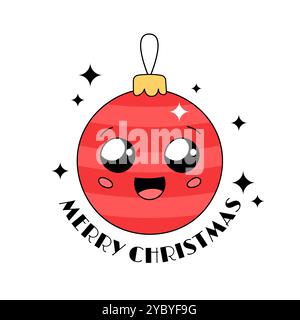 Frohe Weihnachten Vektor-Illustration. Süßes Weihnachtsbaumschmuck mit fröhlichem Gesicht und Lächeln. Entzückende Kugel. Weihnachtsdekoration und -Text kritzeln Stock Vektor