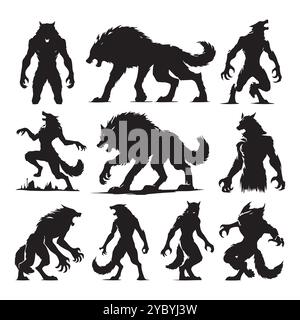 Set von Werwolf-Silhouetten isoliert auf weißem Hintergrund, Vektor-Illustration. Stock Vektor