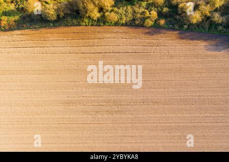 Ackerfeld frisch gepflügt für den Anbau, Luftaufnahme mit Drohne. Texturhintergrund für Pflugfeld Stockfoto