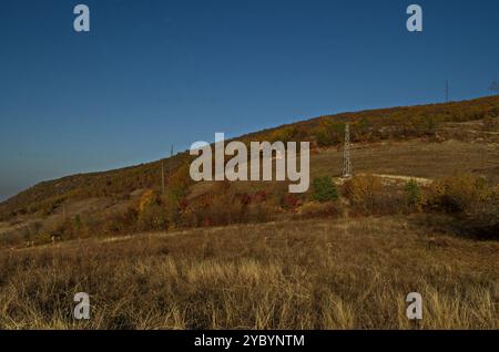 Fantastischer Herbstblick auf die Glade, Hügel, Wald mit Laubbäumen in der Nähe des Dorfes Zhrebichko, Bratsigovo Gemeinde, Rhodopen Berge, Bulgarien Stockfoto