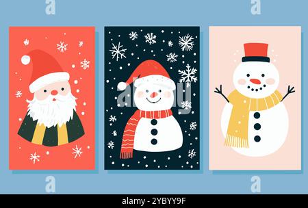Weihnachtskarten mit Weihnachtsmann, Schneemann und Schneeflocken. Flache Zeichentrickfiguren Urlaub Winter Einladung Vorlagen Vektor Illustration Stock Vektor