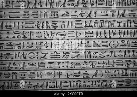 Monochrome Hieroglyphen, die an die Wand geschrieben wurden Stockfoto