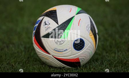v.li.: Der Spielball liegt auf dem Spielfeld, Rasen, Gras, Boden, 2. Frauen-Bundesliga, adidas, Fussballliebe, Fußballliebe, Pro, Precisionshell, Speedshell, Symbolfoto, Symbol, Symbolbild Fussball, Fußball, Ball, Offizieller Ball, Offizieller Spielball, Offizieller Match Ball, OFFICAL MATCHBALL, DIE DFB-RICHTLINIEN UNTERSAGEN JEGLICHE NUTZUNG VON FOTOS ALS SEQUENZBILDER UND/ODER VIDEOÄHNLICHE FOTOSTRECKEN. DFB-VORSCHRIFTEN VERBIETEN DIE VERWENDUNG VON FOTOGRAFIEN ALS BILDSEQUENZEN UND/ODER QUASI-VIDEO., 20.10.2024, MEPPEN (DEUTSCHLAND), FUSSBALL, 2. Frauen-Bundesliga, SV Meppen - FSV Gütersloh 2009 Stockfoto