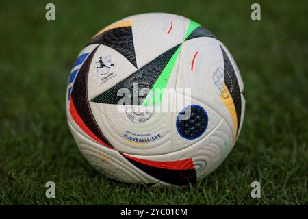 v.li.: Der Spielball liegt auf dem Spielfeld, Rasen, Gras, Boden, 2. Frauen-Bundesliga, adidas, Fussballliebe, Fußballliebe, Pro, Precisionshell, Speedshell, Symbolfoto, Symbol, Symbolbild Fussball, Fußball, Ball, Offizieller Ball, Offizieller Spielball, Offizieller Match Ball, OFFICAL MATCHBALL, DIE DFB-RICHTLINIEN UNTERSAGEN JEGLICHE NUTZUNG VON FOTOS ALS SEQUENZBILDER UND/ODER VIDEOÄHNLICHE FOTOSTRECKEN. DFB-VORSCHRIFTEN VERBIETEN DIE VERWENDUNG VON FOTOGRAFIEN ALS BILDSEQUENZEN UND/ODER QUASI-VIDEO., 20.10.2024, MEPPEN (DEUTSCHLAND), FUSSBALL, 2. Frauen-Bundesliga, SV Meppen - FSV Gütersloh 2009 Stockfoto