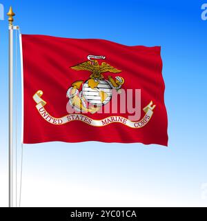 US Marine Corps, die Flagge mit Wappen schwenkt, Vereinigte Staaten von Amerika, Vektor-Illustration Stock Vektor