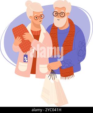 Glückliche, süße, ältere grauhaarige Leute, die Geschenke kaufen, Einkaufstaschen, die ein Geschenk im saisonalen Verkauf wählen. Vektorabbildung. Black Friday kaufen Stock Vektor