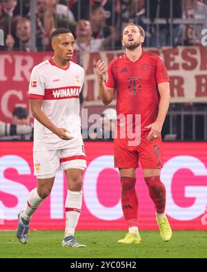 Harry Kane, FCB 9 Angry After Goal Chance, Jamie Leweling, VFB 18 im Spiel FC BAYERN MÜNCHEN - VFB STUTTGART 4-0 am 19. Oktober 2024 in München. Saison 2024/2025, 1.Bundesliga, FCB, München, Spieltag 7, 7.Spieltag Fotograf: Peter Schatz - DFL-VORSCHRIFTEN VERBIETEN JEDE VERWENDUNG VON FOTOGRAFIEN als BILDSEQUENZEN und/oder QUASI-VIDEO - Stockfoto