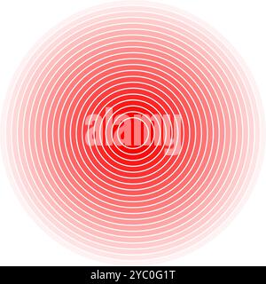Symbol für die Schmerzlokalisierung. Rote konzentrische Kreise. Symbol für Schmerzen oder Entzündungen. Ziel, Puls, Stoßwelle oder Strahlungszeichen. Abdeckung oder Beschädigung, Funkgerät oder Echolotsignalpiktogramm. Vektorabbildung. Stock Vektor