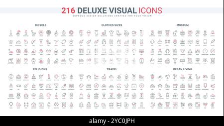 Urbane Infrastruktur und das Leben in Großstädten, Feiertage und Tempel der Religionen säumen Ikonensätze. Klassisches Kunstmuseum, Kleidung und Schuhe Größe dünne schwarze und rote Umrisssymbole Vektor-Illustration Stock Vektor