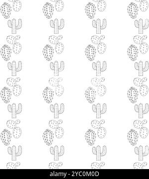 Mexikanische, flache und prall blühende Kakteen im Doodle-Stil, in Streifen angeordnet. Einfaches, nahtloses Muster. Vektorabbildung. Stock Vektor