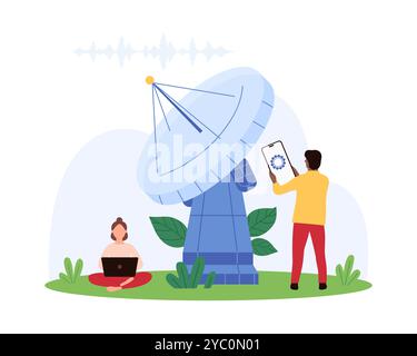 Weltraumradarverbindung, Telekommunikationsturm des astronomischen Observatoriums und mobile Station. Winzige Leute steuern digitales Signal des Satelliten mit Parabolantenne Cartoonvektor Illustration Stock Vektor