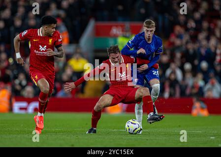 (241021) -- LIVERPOOL, 21. Oktober 2024 (Xinhua) -- Liverpool Alexis Mac Allister (C) wird von Chelsea Cole Palmer (R) während des englischen Premier League-Spiels zwischen Liverpool und Chelsea am 20. Oktober 2024 in Liverpool, Großbritannien, herausgefordert. (XINHUA) NUR FÜR REDAKTIONELLE ZWECKE. NICHT ZUM VERKAUF FÜR MARKETING- ODER WERBEKAMPAGNEN. KEINE VERWENDUNG MIT NICHT AUTORISIERTEN AUDIO-, VIDEO-, DATEN-, REGALLISTEN, CLUB-/LEAGUE-LOGOS ODER LIVE-DIENSTEN. ONLINE-IN-MATCH-NUTZUNG AUF 45 BILDER BESCHRÄNKT, KEINE VIDETEMULATION. KEINE VERWENDUNG BEI WETTEN, SPIELEN ODER PUBLIKATIONEN FÜR EINZELNE CLUBS/LIGA/SPIELER. Stockfoto