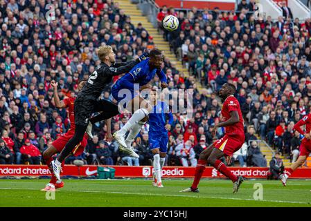 (241021) -- LIVERPOOL, 21. Oktober 2024 (Xinhua) -- Liverpooler Torhüter Caoimhin Kelleher (1. L) sichert sich während des englischen Premier League-Spiels zwischen Liverpool und Chelsea am 20. Oktober 2024 in Liverpool, Großbritannien. (XINHUA) NUR FÜR REDAKTIONELLE ZWECKE. NICHT ZUM VERKAUF FÜR MARKETING- ODER WERBEKAMPAGNEN. KEINE VERWENDUNG MIT NICHT AUTORISIERTEN AUDIO-, VIDEO-, DATEN-, REGALLISTEN, CLUB-/LEAGUE-LOGOS ODER LIVE-DIENSTEN. ONLINE-IN-MATCH-NUTZUNG AUF 45 BILDER BESCHRÄNKT, KEINE VIDETEMULATION. KEINE VERWENDUNG BEI WETTEN, SPIELEN ODER PUBLIKATIONEN FÜR EINZELNE CLUBS/LIGA/SPIELER. Stockfoto