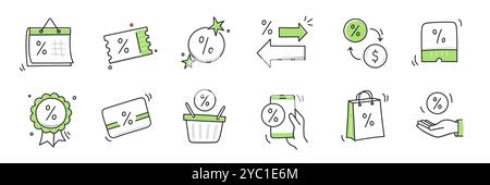 Doodle-Rabatt-Symbol-Set. Rabatt in Prozent, Gutschein für Shop-Verkauf, handgezeichnetes Symbol für Zeichenlinie und Strichstil. Sonderangebot Sketch Doodle Draw Kollektion. Vektorabbildung Stock Vektor