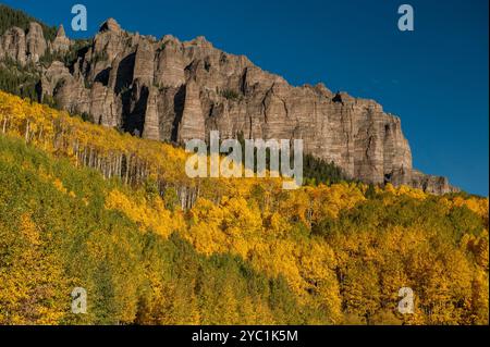 Aspen in voller Farbe vor Klippen und Gipfeln aus vulkanischem Tuff nahe dem Silverjack Lake in den San Juan Mountains von Colorado Stockfoto