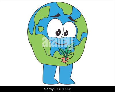 Ökosystem Umwelt schützen grün Bio-Pflanze Erde Charakter farbenfrohe Maskottchen ausdrucksstarkes lächelndes Gesicht Design Ikone Stock Vektor