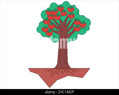 Obsttragende Baumerntephase Gartenpflanze natürliche biologische botanische Pflanze frische Tomaten farbenfrohe Design-Symbol-Set Stock Vektor