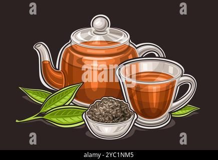 Vektor-Logo für Black Tea Drink, horizontales Poster mit Zeichentrickdesign traditionelle Teekomposition, dekorative Karte mit aromatischem schwarzem Tee im Glas t Stock Vektor