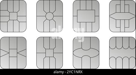 EMV-Chip silberne Vektorsymbole. Kontaktlose Bezahlung an Terminals und Geldautomaten. Quadratische Computer-Mikrochips für Kreditkarten. Legen Sie das nfc-Symbol für die Linie fest. Stock Vektor