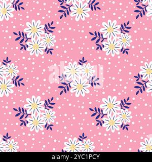 Hand gezeichnetes nahtloses Blumenmuster des Vektors mit weißen Kamillen auf rosa Hintergrund. Schöner romantischer Ditsy Fashion Print für Hintergrund, Urlaubsdesign Stock Vektor