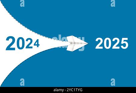 Das Papierflugzeug fliegt von 2024 bis 2025. Neujahrskonzept. Stock Vektor