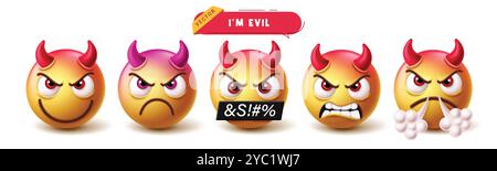 Emoji Evil Emoticon Charaktere Vektor Set. Emojis Bad, Dämon und Monster gelbe Emoticon Charaktersammlung isoliert auf weißem Hintergrund. Vektor Stock Vektor