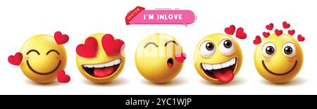 Emoji in Liebesfiguren Vektorset. Emojis Emoticon Charakter in 3D in Love Yellow Emoticon erröten, küssen, besessen und ziehen Gesichtsausdruck an Stock Vektor