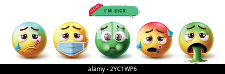 Emoji Sick 3D Zeichen Vektorsatz. Emojis-Symbol wie Grippe, Husten, schwach, Übelkeit und Erbrechen Emoticon Sammlung in weißem Hintergrund. Vektor Stock Vektor