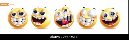 Emoji Happy 3D Zeichen Vektorsatz. Emojis Emoticon in lustiger, lächelnder, frecher, lachender und fröhlicher Gesichtsausdruck-Kollektion in weiß Stock Vektor